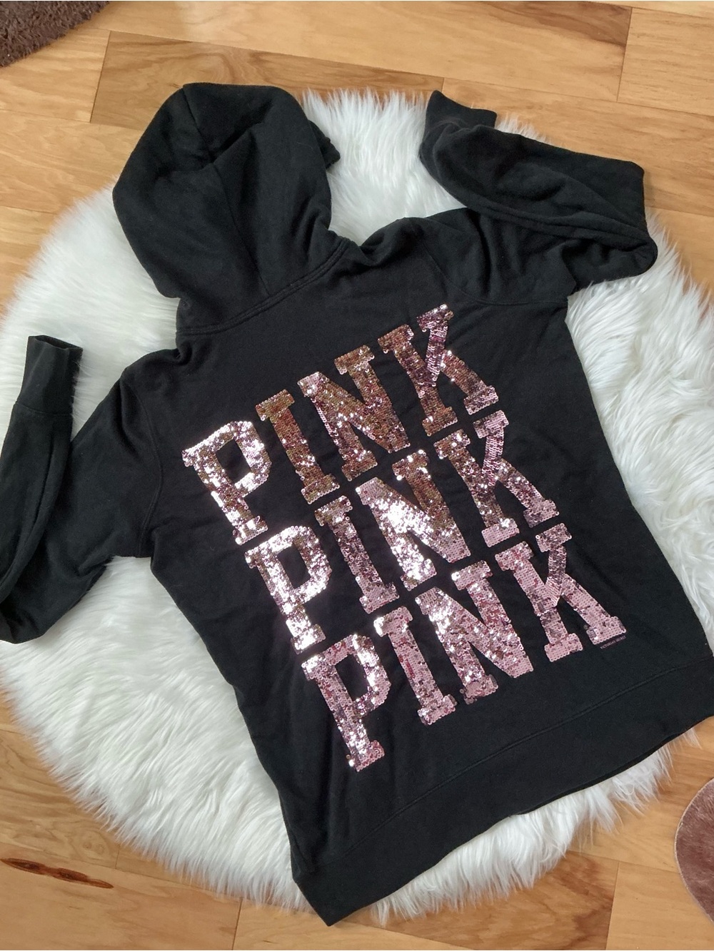 PINK Victoria's Secret Y2K Black Full Zip Hoodie with Rose Sequin Logo Large